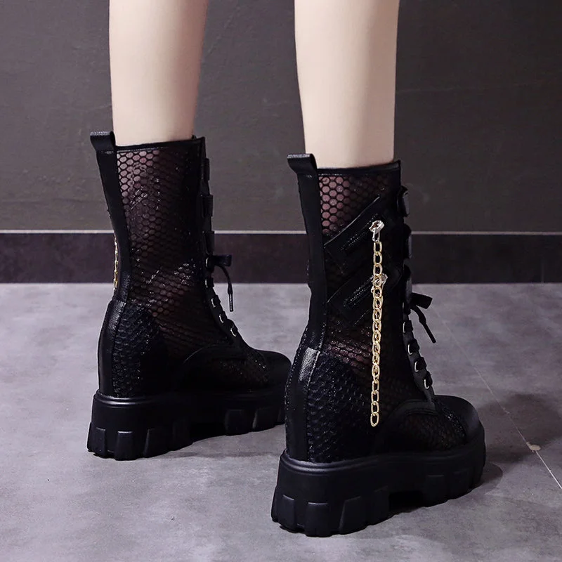 Chunky Platform Motorcycle Boots Women 2022 Summer Breathable Air Mesh Mid Calf Boots Woman Punk Height Increasing Shoes