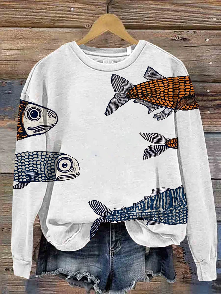 Women's Japanese Art Painting Embroidered Blue And White Koi Carp Sweatshirt