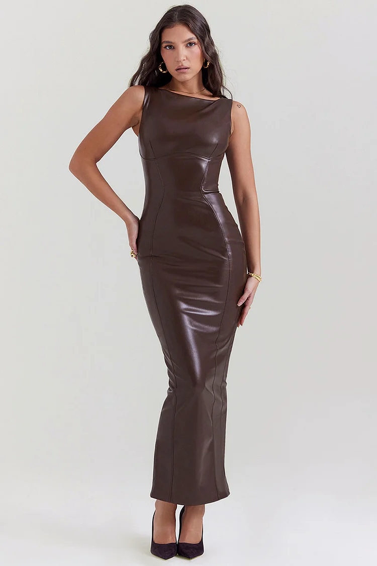 Faux Leather Bodycon Maxi Tank Dresses-Brown