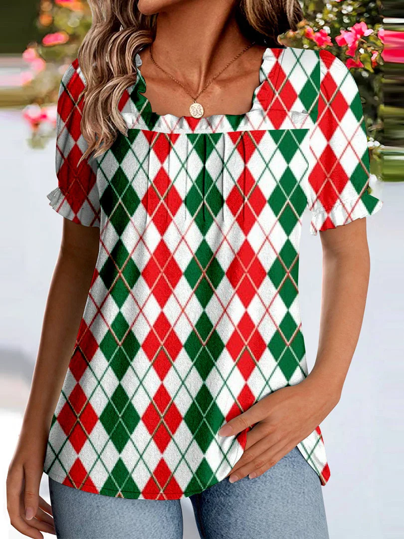 Women Short Sleeve U-neck Geometric Printed Graphic Tops