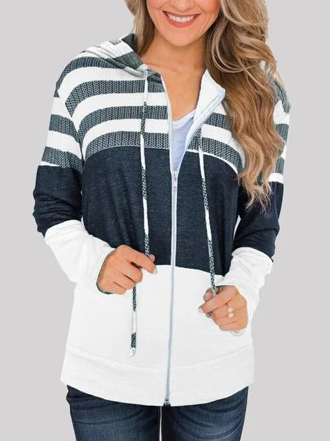 Contrast Drawstring Hooded Zipper Coat