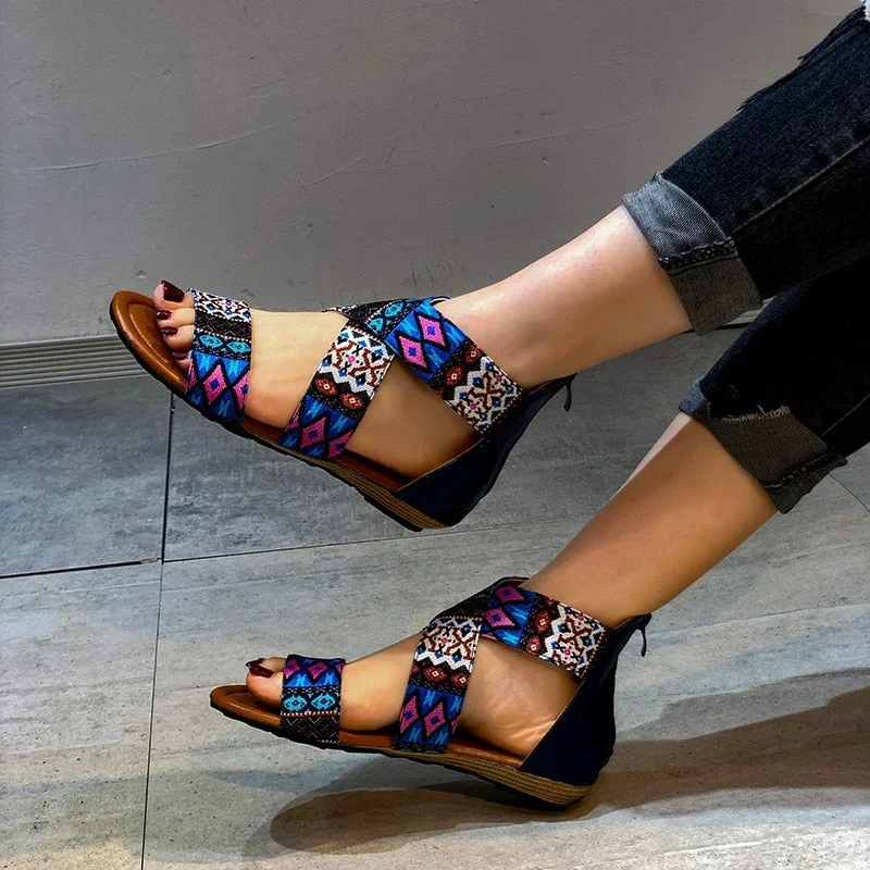 2022new women's flat sandals summer zipperopen toe women's shoes plus size beach leathersandals retro print ethnic style sandals