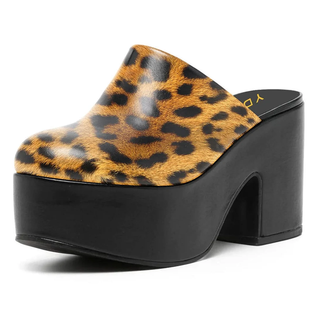 Leopard Print Block Heel Platform Round Toe Mules for Women