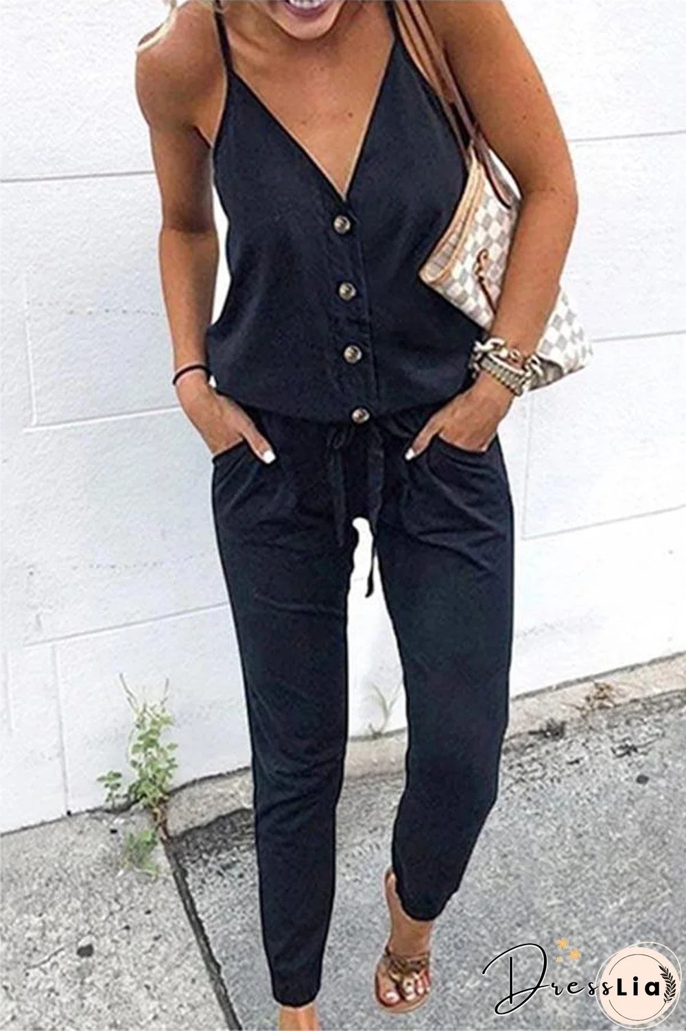 Button V Neck Lace-up One-piece Jumpsuit P10413