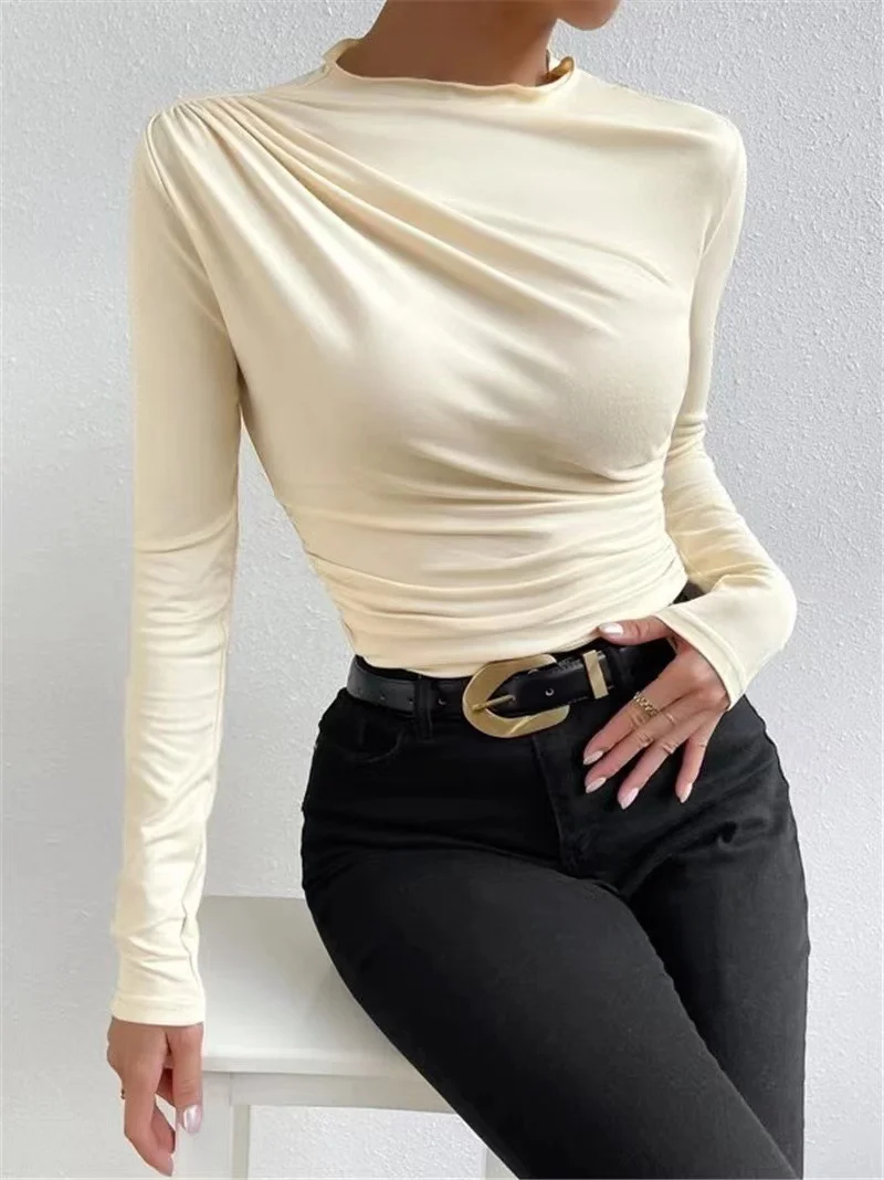 Nigikala Nigikala Summer Solid Color Round Collar Repair Shirt Bran Folding Design Women's Long-Sleeved Top