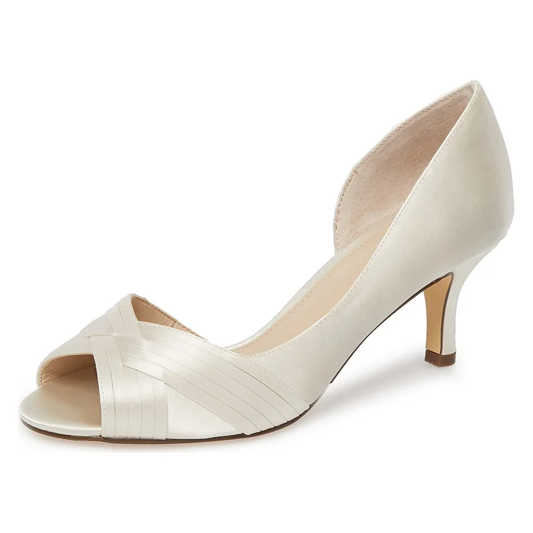 White Satin Peep Toe Kitten Heel D'orsay Wedding Shoes |FSJ Shoes