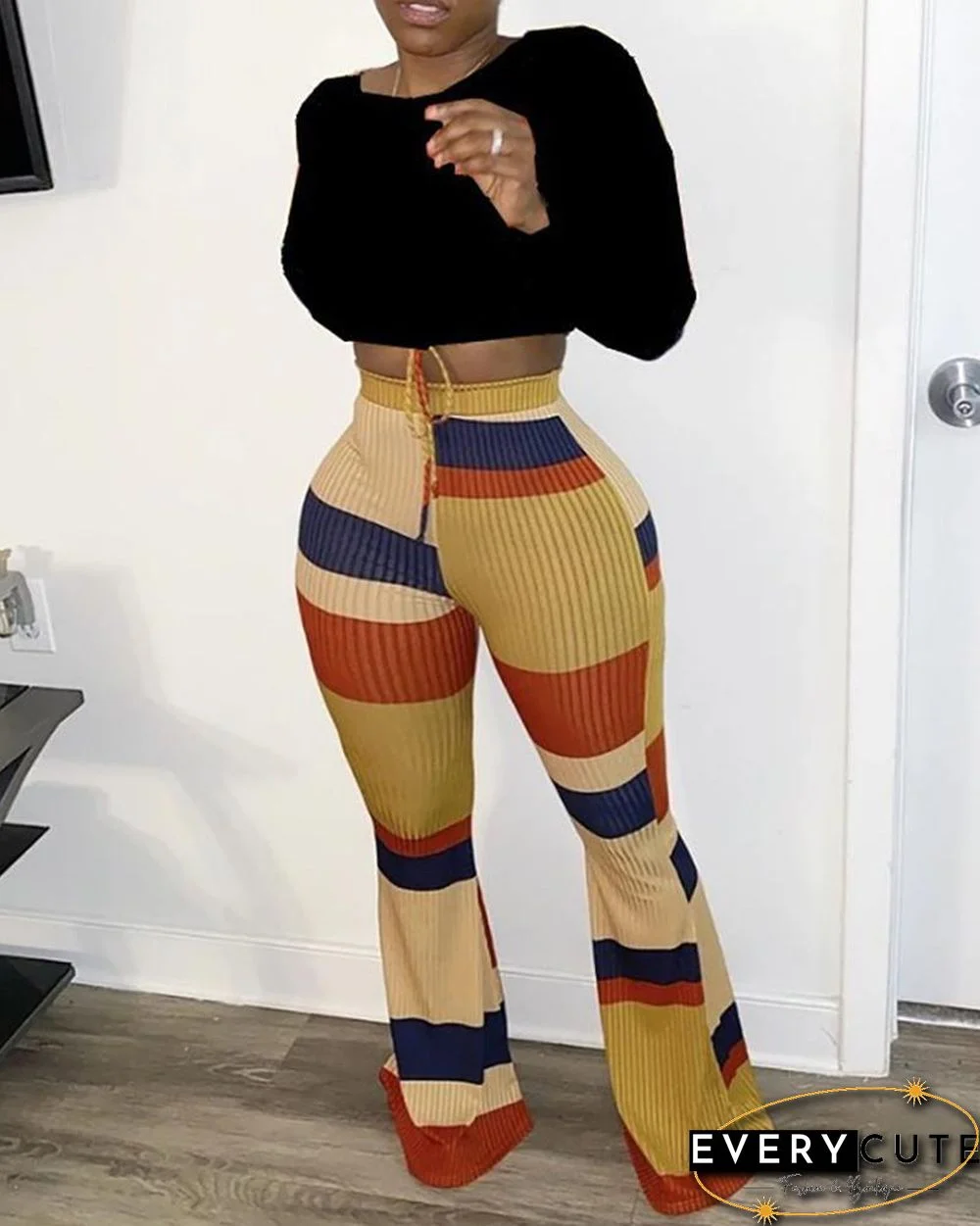 Striped Colorblock High Waist Bootcut Pants P15557
