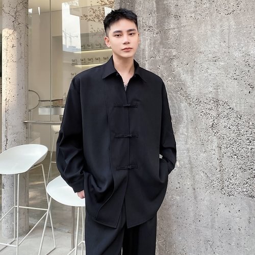 Dawfashion-Chinese Button Lapel Long Sleeve Shirt-Yamamoto Diablo Clothing