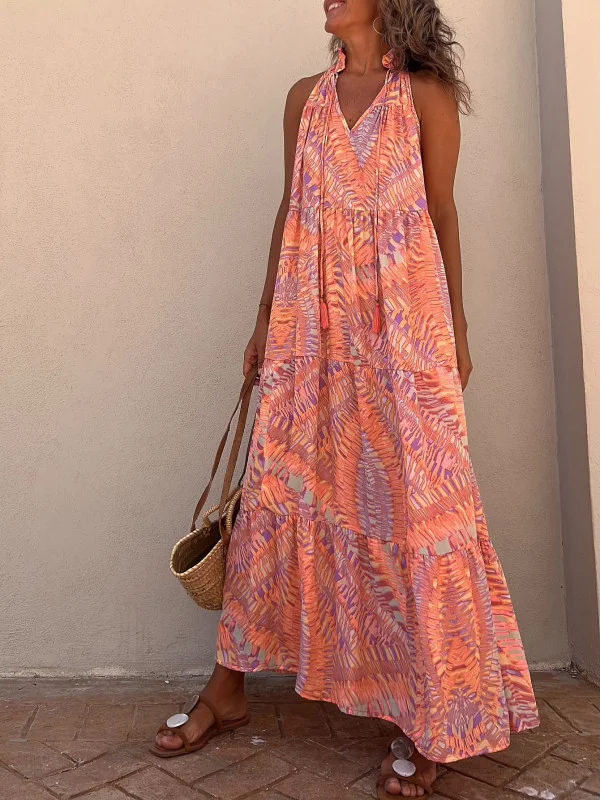 Vacation Vintage V-neck Long Maxi Dress