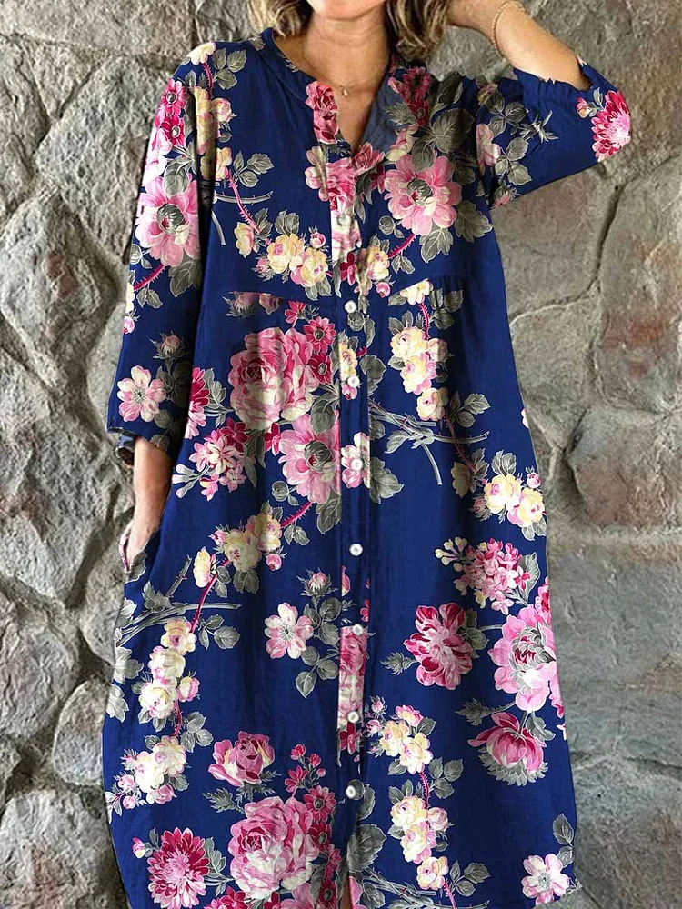 Women's Elegant Floral Pattern Cotton and Linen Dress with Pockets