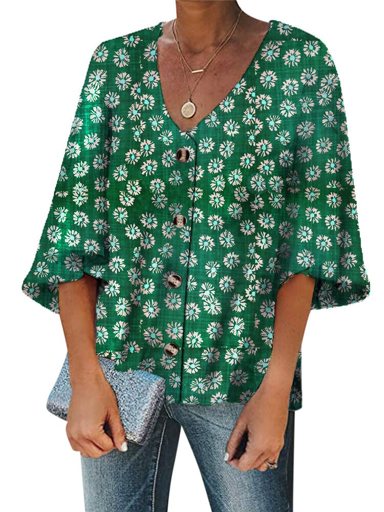 Floral Printed Half Sleeve V neck Button Blouse P1661393