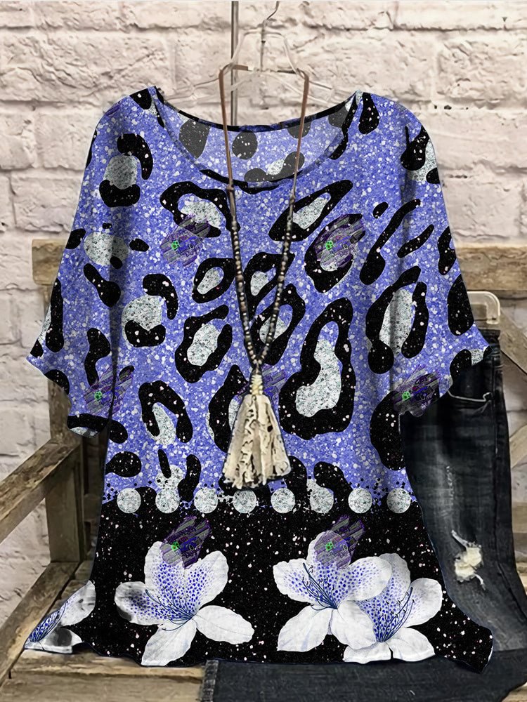 Women Half Sleeve Scoop Neck Floral Printed Stitching Purple Women Tops