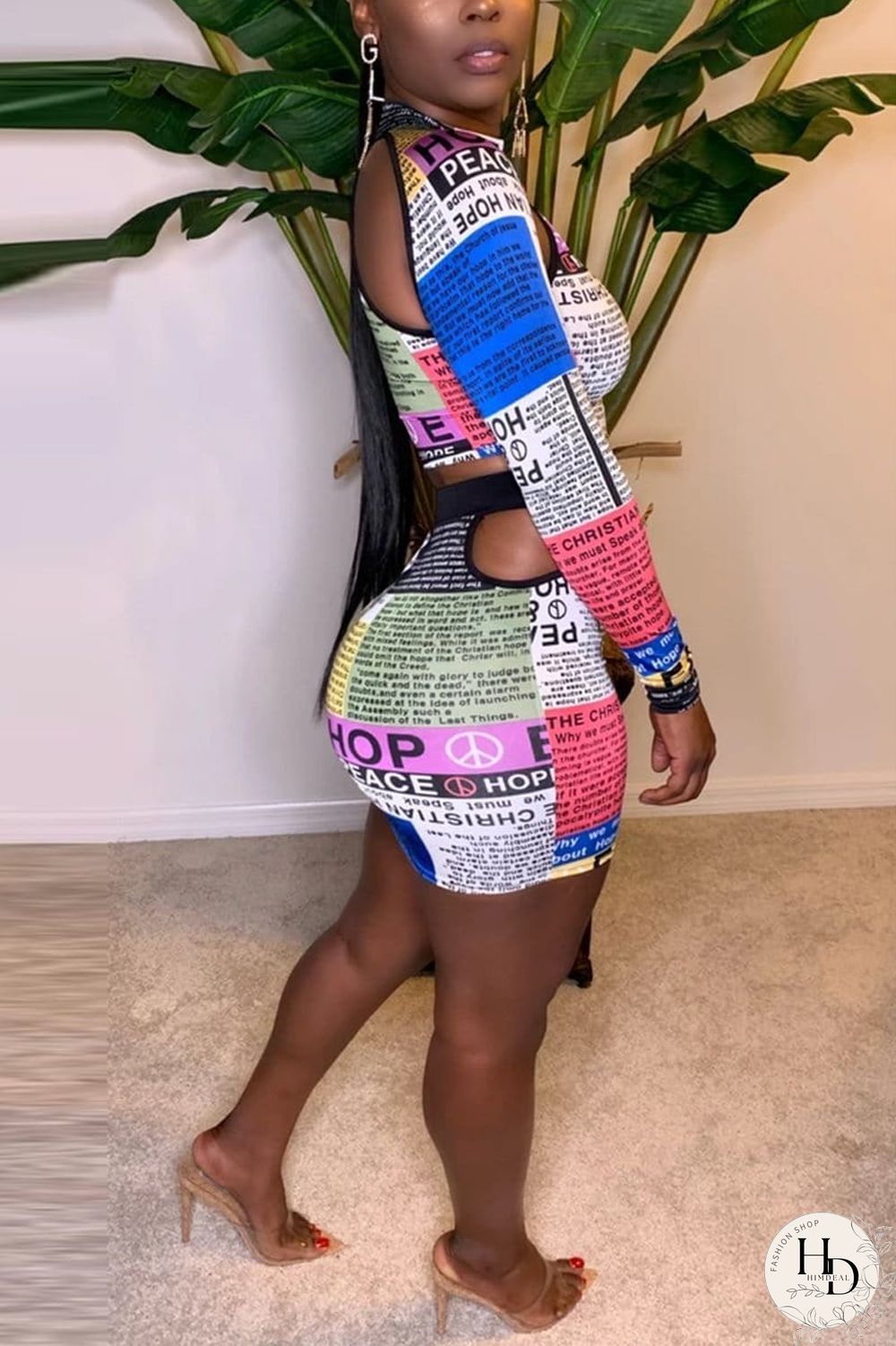 Sexy Newspaper Print Long Sleeve Two Piece