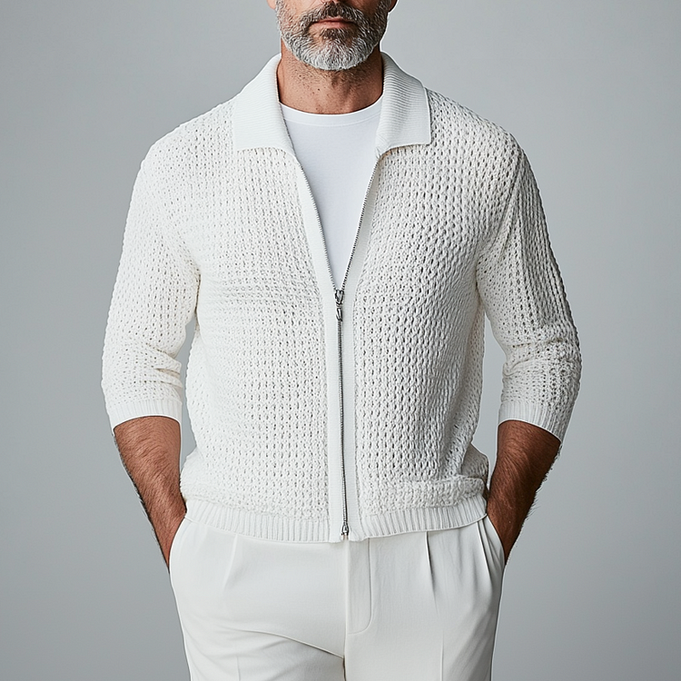 Men's Turndown Collar Zipper Hollow Out Knitted Jacket