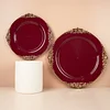 10 Pack | 8" Round Plastic Dessert Salad Plates In Vintage Burgundy, Gold Leaf Embossed Baroque Disposable Plates