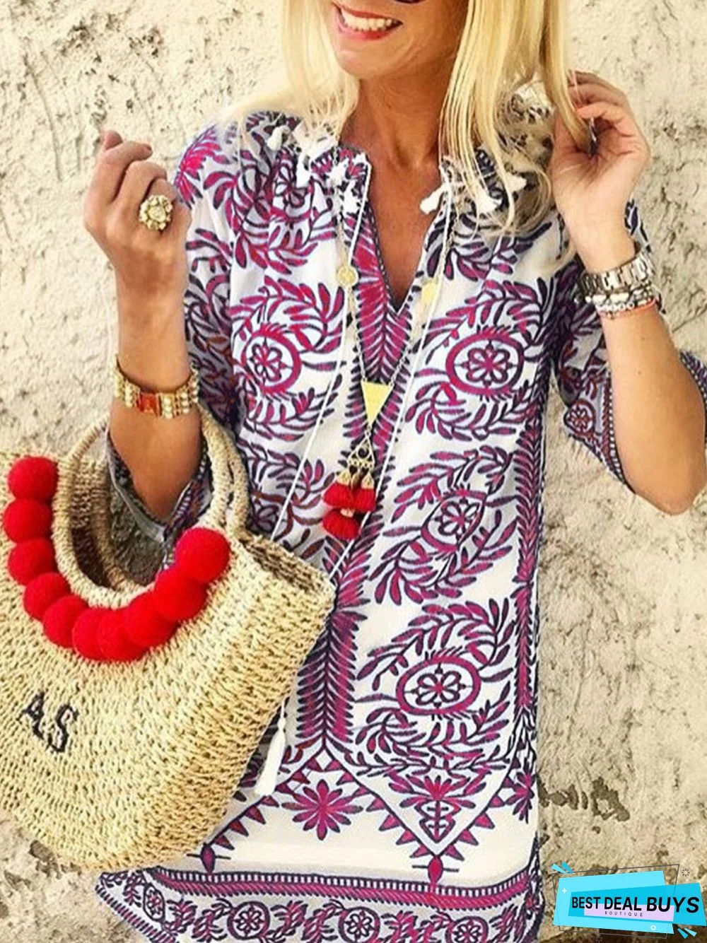 Half Sleeve Boho Vintage Casual Shift Weaving Tunic Dress