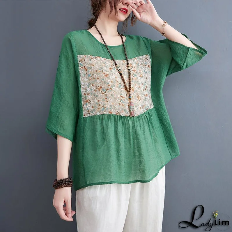 Bohemian Green O-Neck Print Tops Half Sleeve