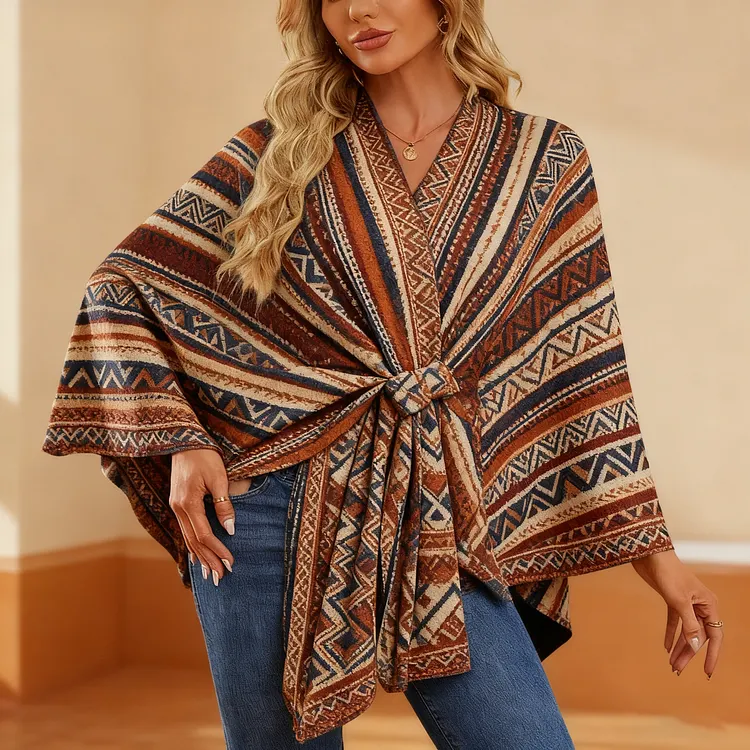 Vintage printing Elegant Shawl Wraps Soft Open Front Poncho Sweater 