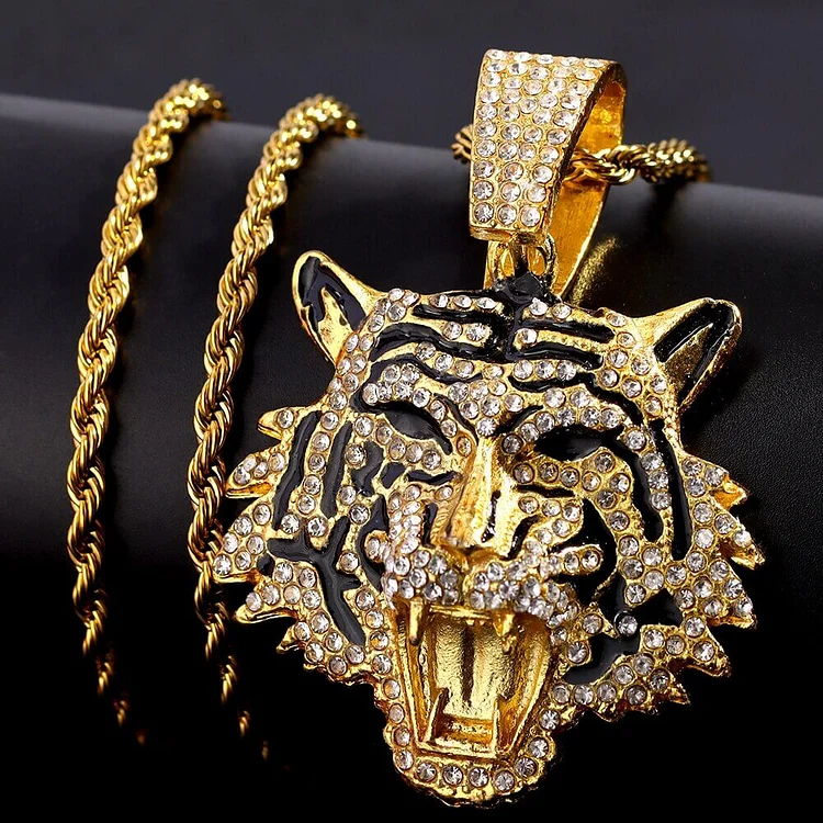 Iced Out Punk Rock Rhinestone Roaring Tiger Head Pendant Necklace Tiger Charm With 13mm Cuban Chain-VESSFUL