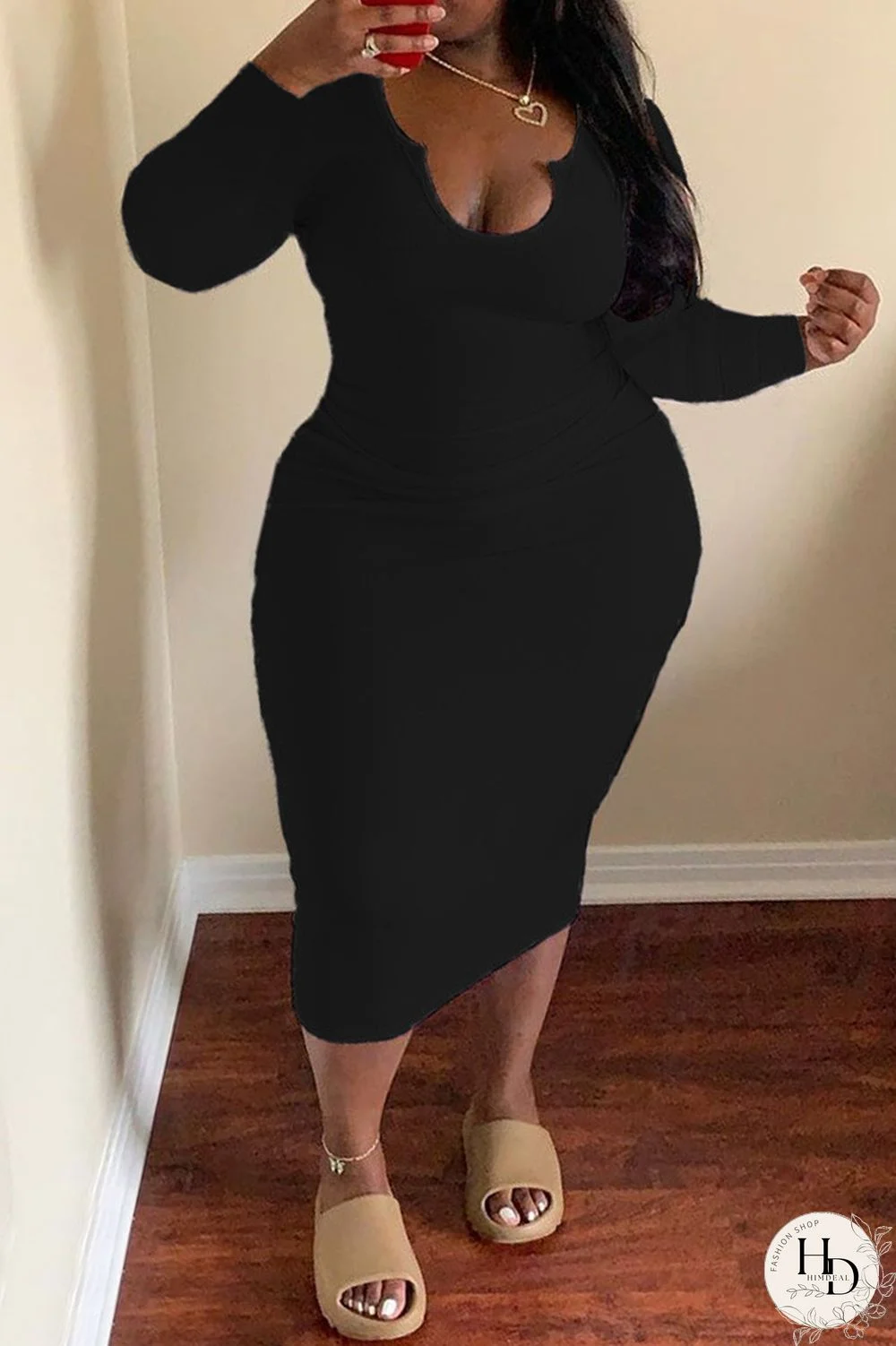 Black Fashion Casual Plus Size Solid Basic U Neck Long Sleeve Dresses