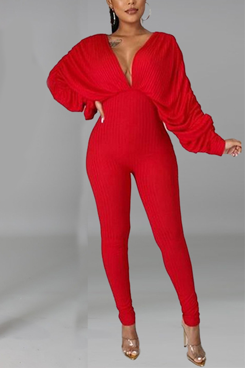 Red Sexy Solid Patchwork V Neck Skinny Jumpsuits | EGEMISS