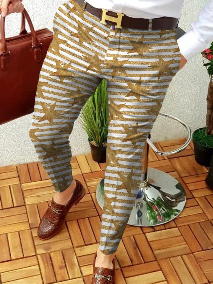 Men's Gold Glitter Pentagram Stripe Print Suit Pants