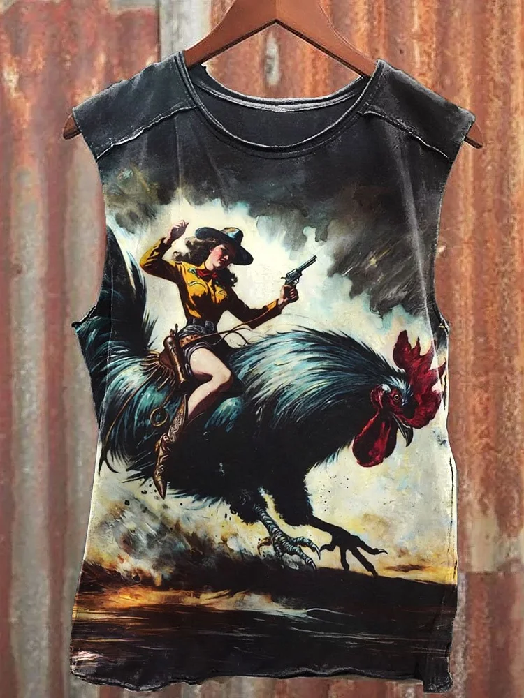 Vintage Wild West Cowgirl Rooster Print 100% Cotton Casual Tank Top