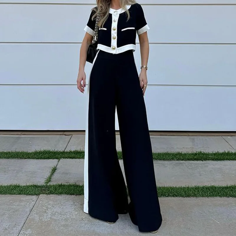 Toloer Toloer 2024 New Women's Fashion Commuter Short Sleeve Short Jacket Straight Pants Suit Two Sets-Outfit Ideas