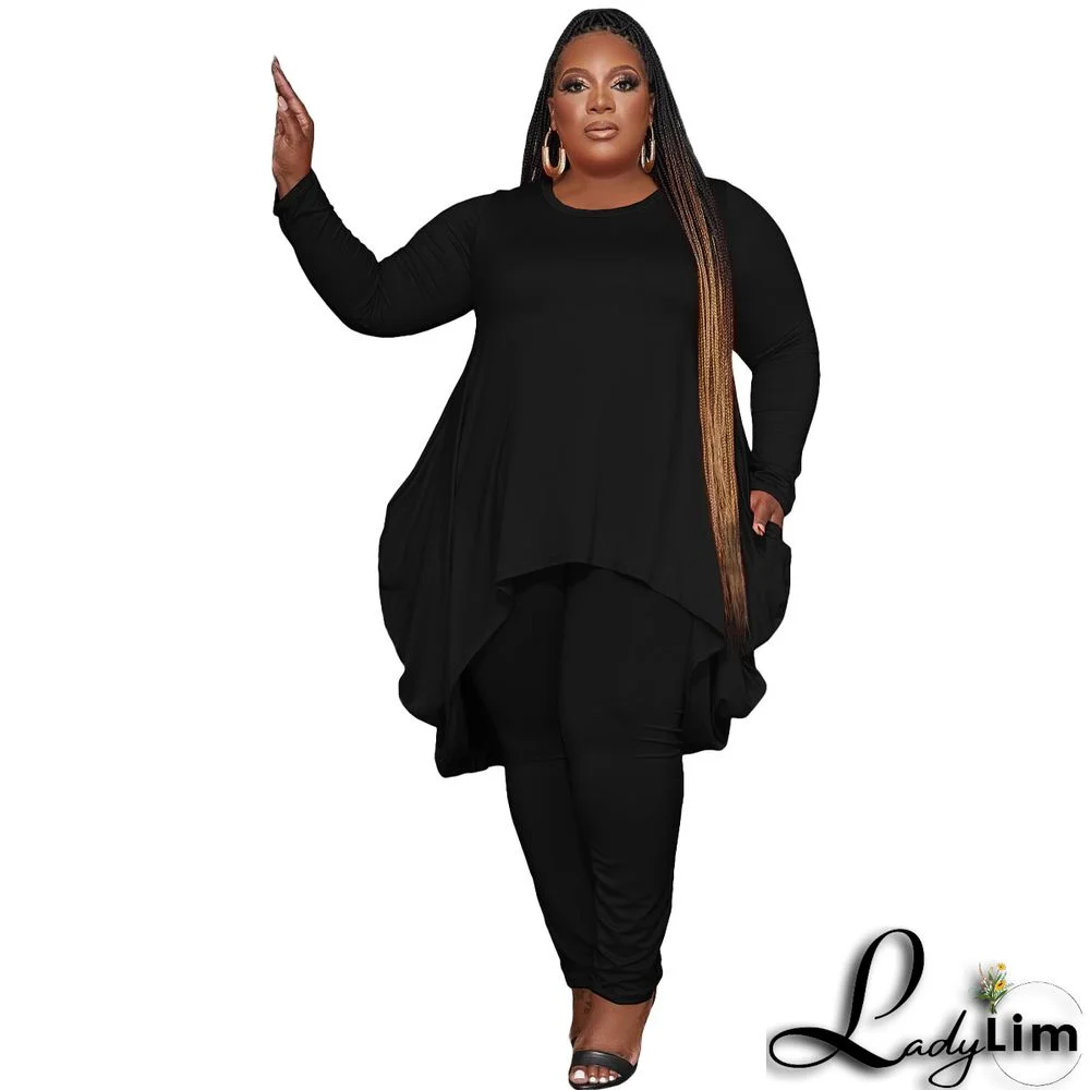 Plus Size Women Irregular Long Sleeve Top and Pant Two Piece Set