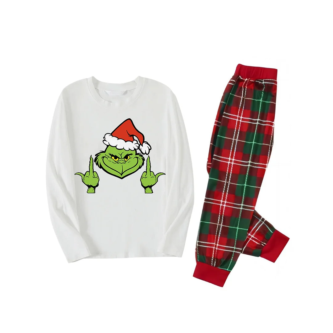 Christmas Green Cartoon Character With Santa Hat Pattern Print White Long-sleeved Top Red&Green Plaid Pants Family Matching Pajamas