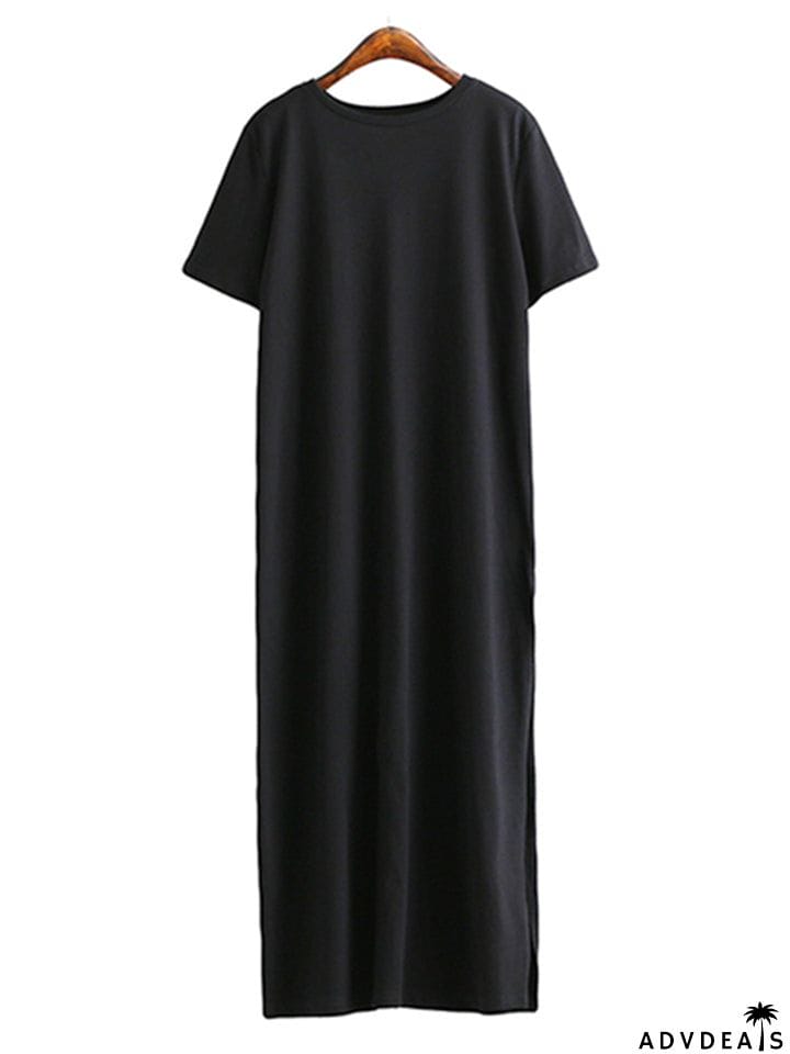 Women Cotton Black Short Sleeve Long Dress