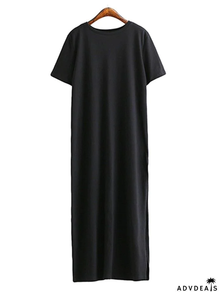 Women Cotton Black Short Sleeve Long Dress