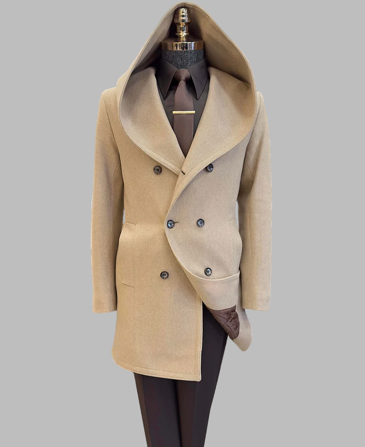 Woolen Hooded Double Breasted Knee Length Long Sleeve Coat