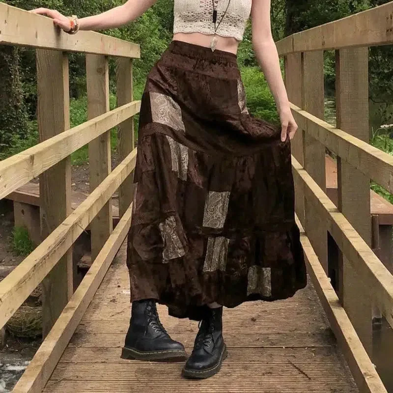 Brownm Patchwork Maxi Skirt