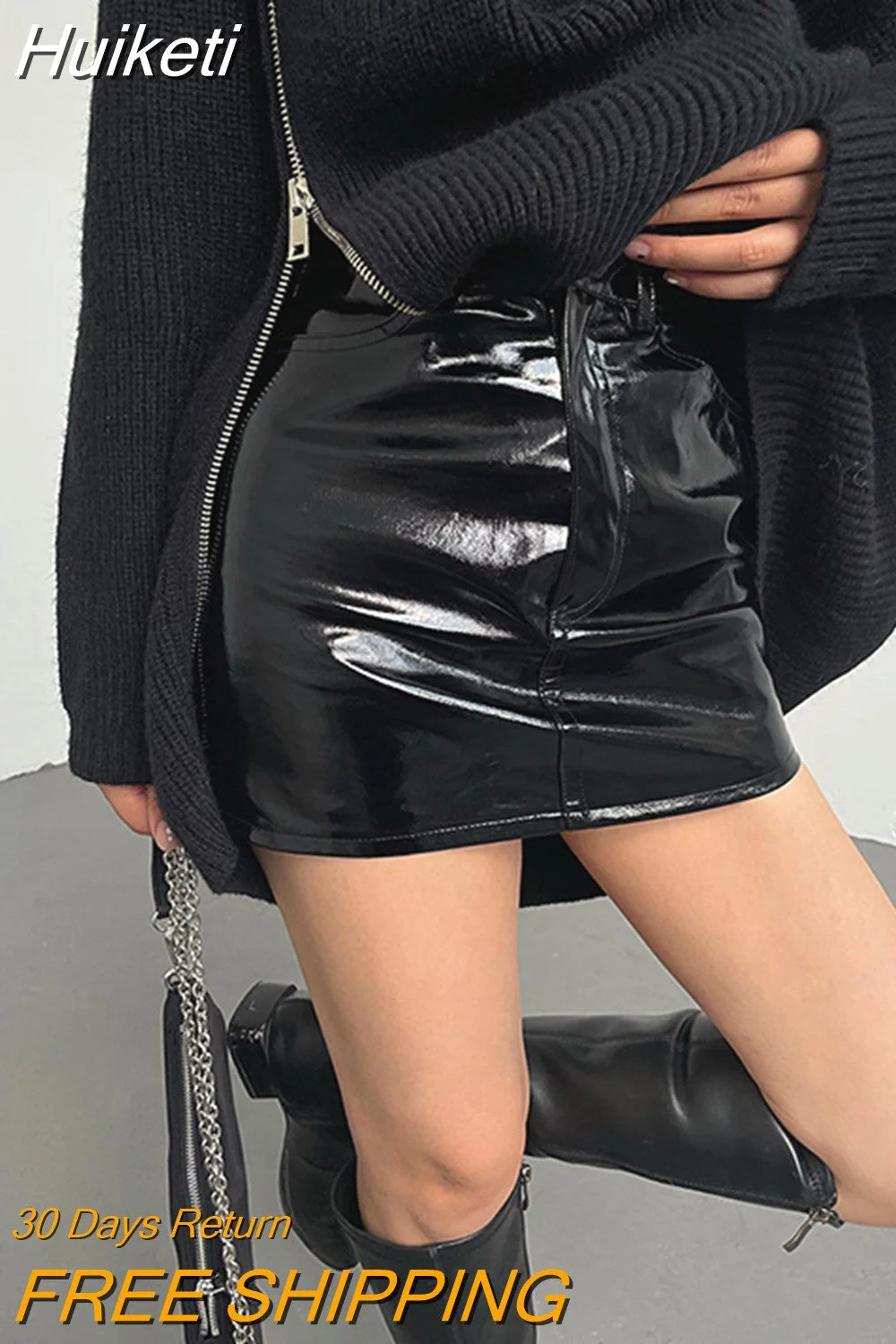 Huiketi Summer Autumn Pink Silver Reflective Shiny Patent Leather Mini Skirts for Women High Waist A Line Short Sexy Y2K Clothes