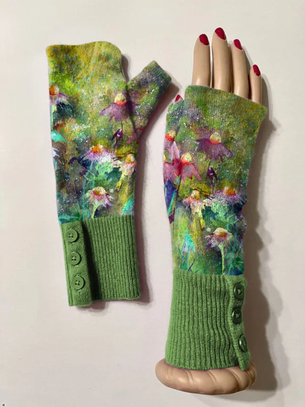 Retro floral casual print knit fingerless gloves