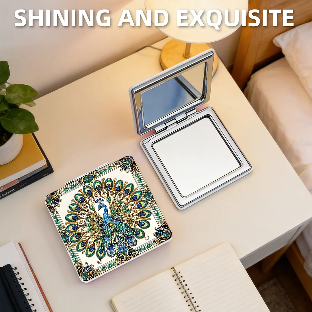 Green Peacock DIY Special Shaped Diamond Painting Compact Mirror Kits Diamond Art Painting Pocket Mirror for Adults and Beginners