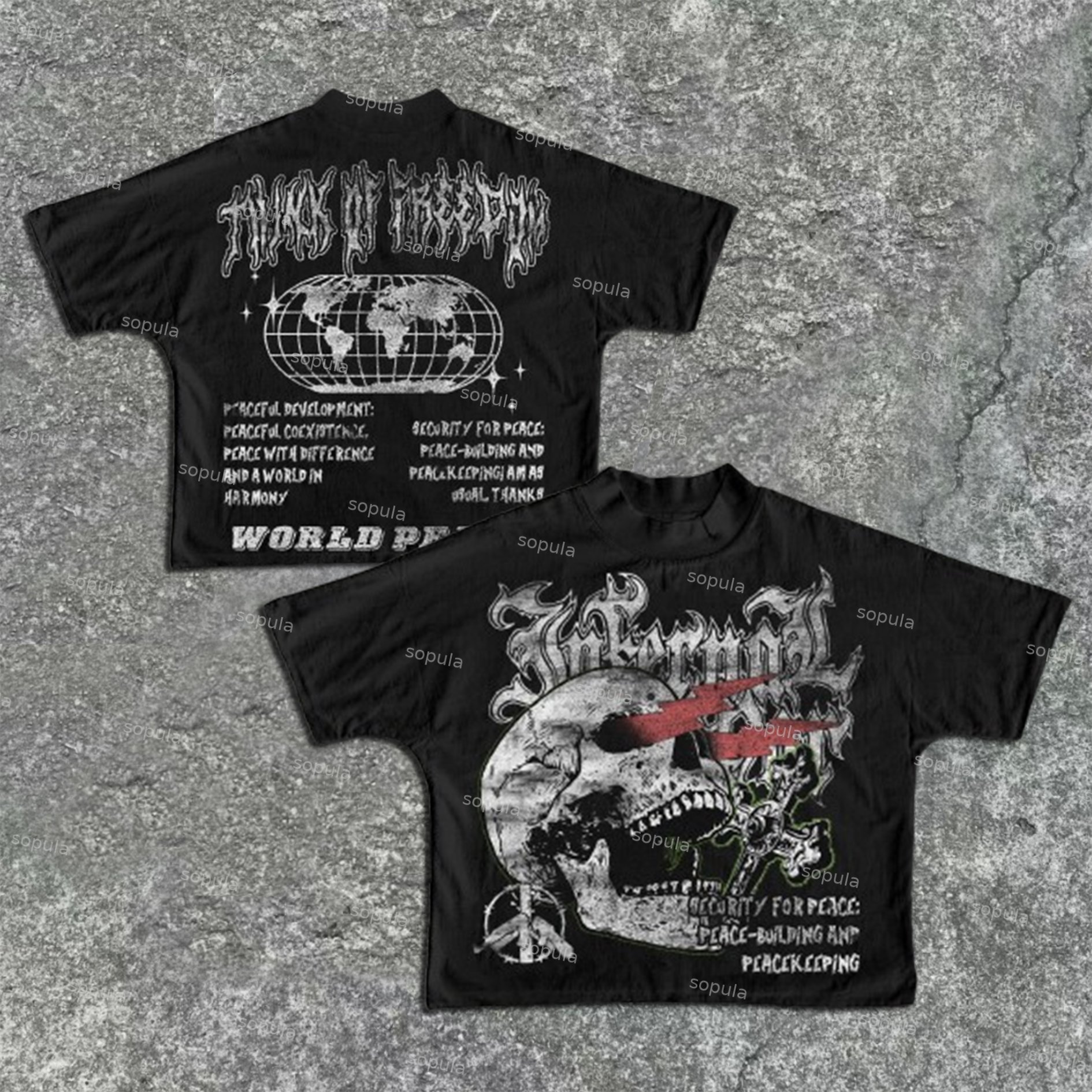 Sopula World Pacifist Anti-War Skull Print Graphics Cropped T-Shirts - SOPULA