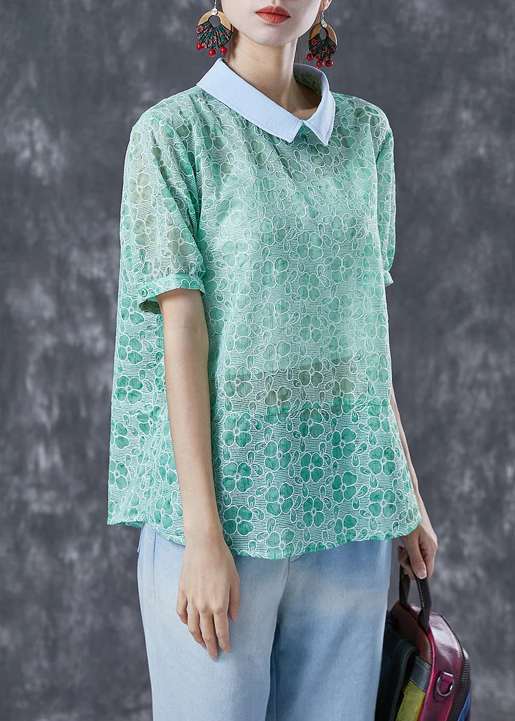 Organic Green Peter Pan Collar Print Cotton Top Summer