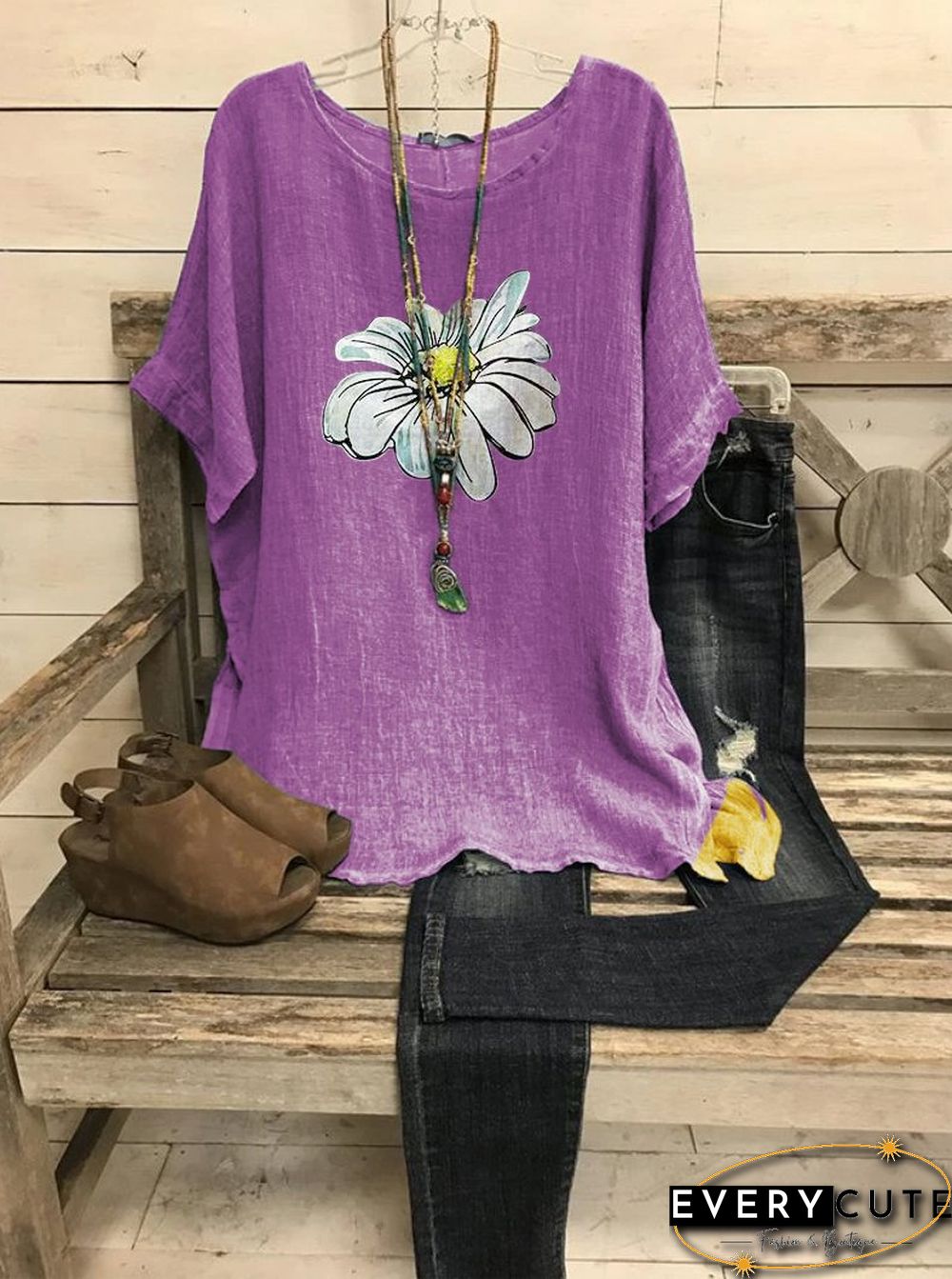 Summer casual retro small daisy printed short sleeve big round neck loose top