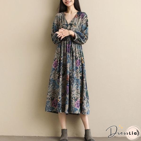 Vintage Style V-neck Print Elastic Waist Elegant A-line Ladies Casual Dress