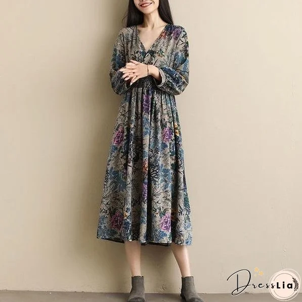 Vintage Style V-neck Print Elastic Waist Elegant A-line Ladies Casual Dress
