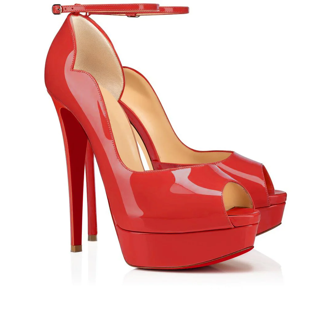 150mm Red Bottom Sky High Platform Ankle strap Pumps Red Patent-MERUMOTE