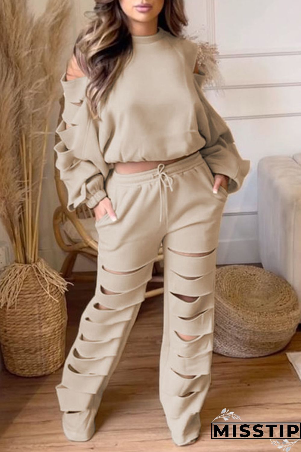 Black Casual Street Solid Hollowed Out Patchwork O Neck Long Sleeve Two Pieces