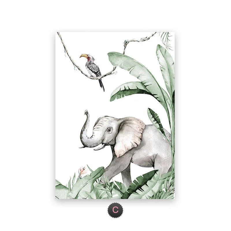 Cartoon Tropical Rainforest Animals Painting Elephant Giraffe Nordic Plant Wall Painitng Canvas Kids Baby Bedroom Decoration