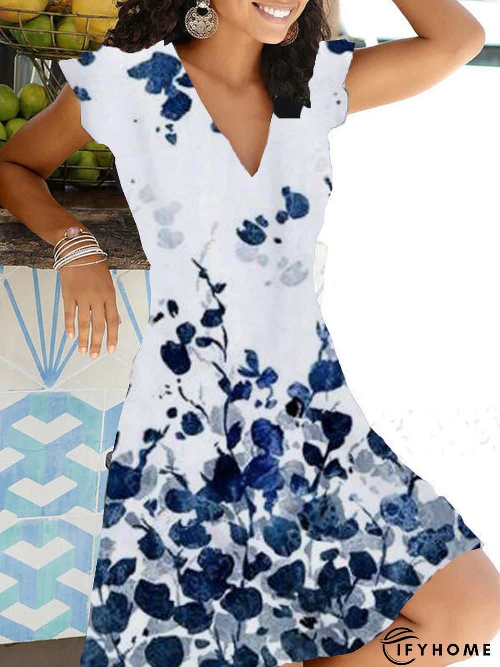 Floral Short Sleeve Printed Cotton-blend V neck Vintage Summer Blue Dress | IFYHOME
