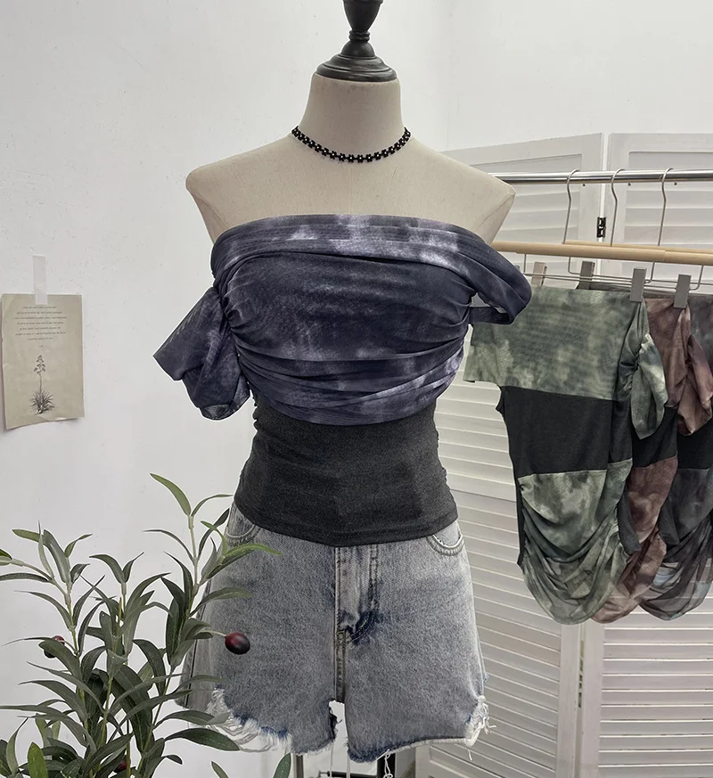 Uveng Real Shooting Can Wear Two-Wear Art Dizzy Net Yarn Spliced A Word Shoulder T-Shirt To Repair The Chest Short Babes Top 1131