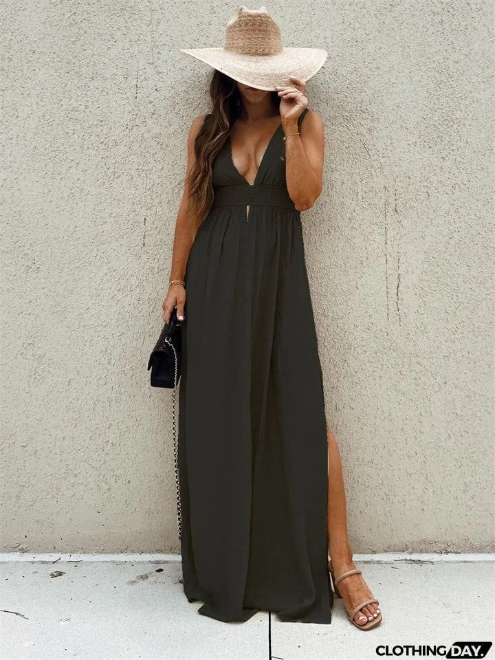 Ladies Sexy Deep V Neck High Rise Backless Side Slit Dress