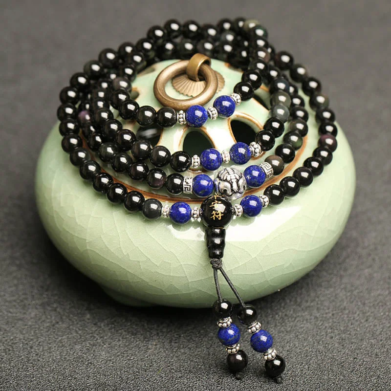 Black Obsidian Tiger Eye Lazurite 108 Beads Mala Necklace Bracelet