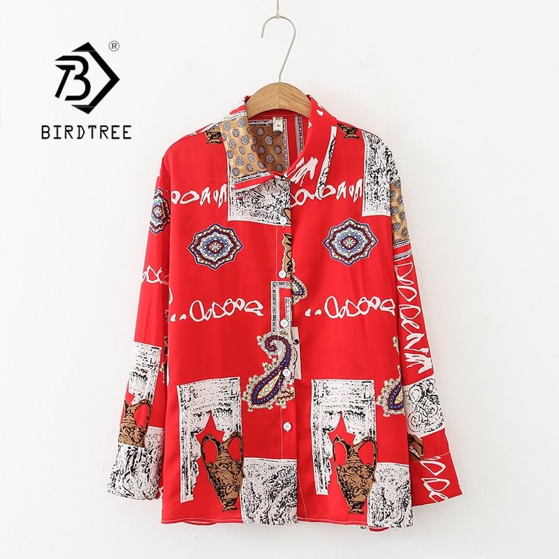 New Women Vintage Letter Print Chiffon Blouse Full Sleeve Button Up Turn Down Collar Shirt Casual Office Lady Autumn Tops T12722